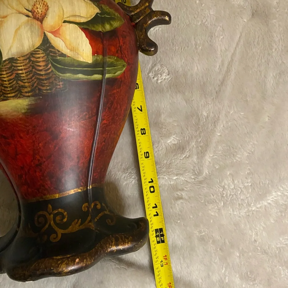 Elegant Red and Gold Floral Vase, pottery/clay/plaster? Great condition